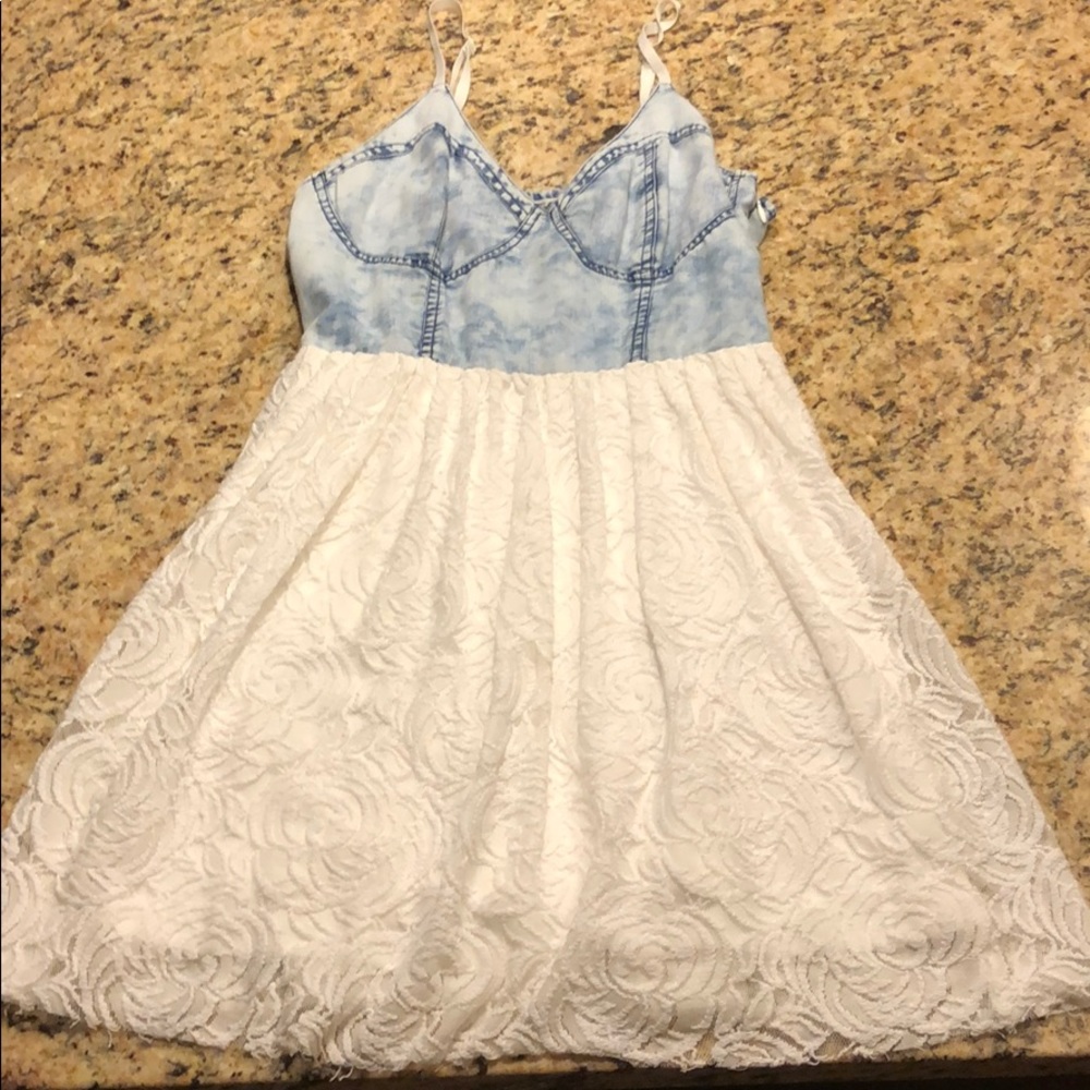 Denim and white lace spaghetti strap dress